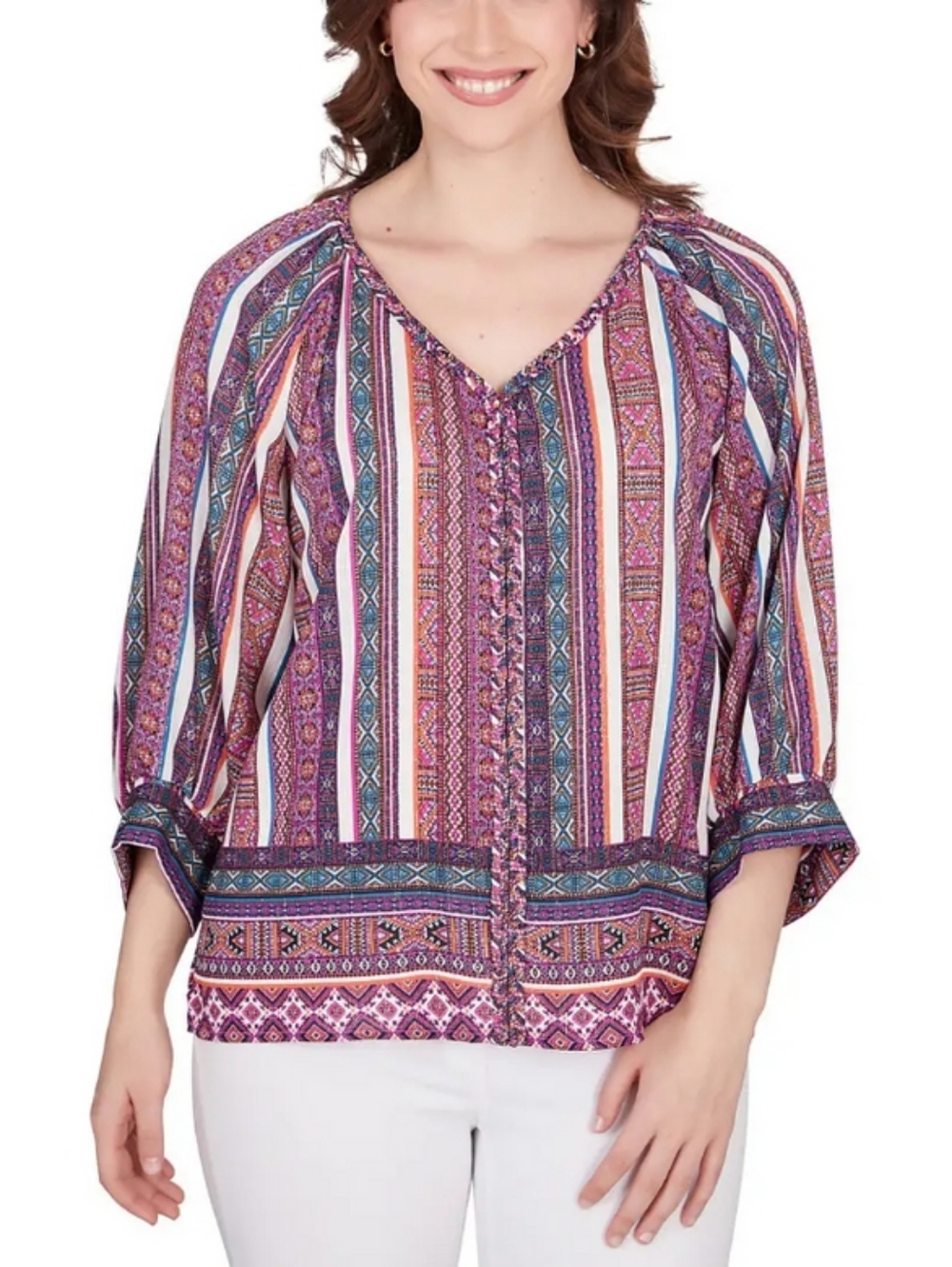 Ruby Rd. Womens Metallic Stripe Print Crinkled Blouse EUC SIZE XL